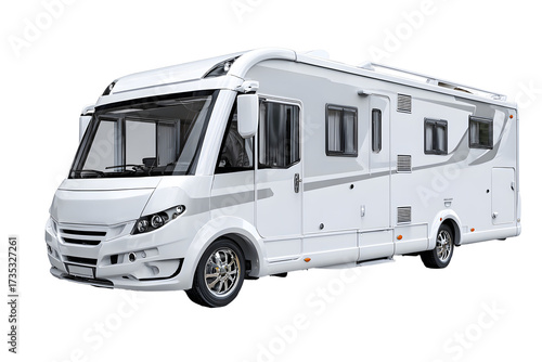 Modern RV motorhome camper van with solar panels side view isolated on transparent background, luxury travel vehicle illustration

