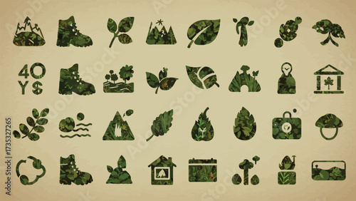A collection of nature-themed icons, including plants, mountains, boots, and buildings, rendered in a textured, green style.