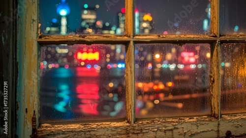Night Cityscape Through Vintage Window Frame with Blurry Lights