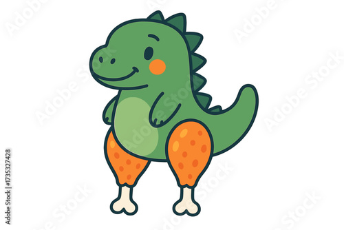 Funny keto diet humor concept. Cute dinosaur with chicken legs instead of paws. Low-carb high-protein carnivore diet mascot. Comical animal cartoon vector illustration.