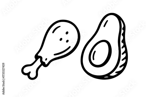 Hand drawn lettering I'm keto. Doodle style chicken thigh and avocado illustration. Ketogenic diet food concept. Low carb high fat meal. Healthy nutrition vector line art.