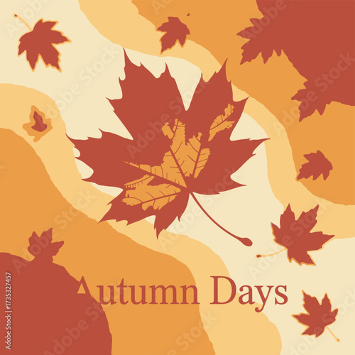 Stylized autumn days illustration featuring falling maple leaves in warm orange and red hues against a creamy background with abstract wavy shapes