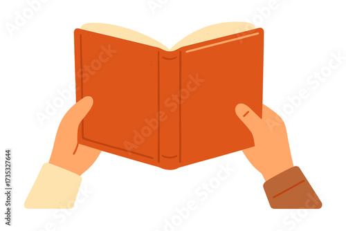 Two hands holding an open book, reading concept, education and literature theme, library study activity, isolated flat vector illustration with lettering quote "It's book time", cartoon style