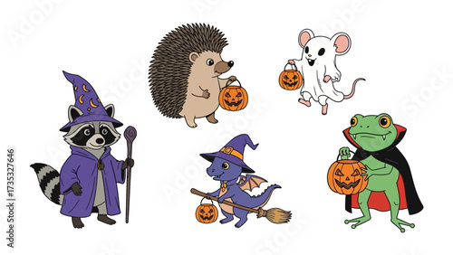 Enchanting Halloween Critters: A whimsical gathering of charming animal creatures in playful costumes, perfectly embodies the spirit of Halloween, evoking fun and festivity.