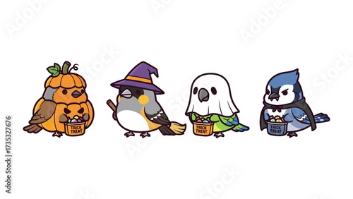 Spooky avian gathering: A delightful array of cartoon birds, each adorned in charming halloween attire, stand poised to gather their treasures in this cheerful, handcrafted, artistic illustration.
