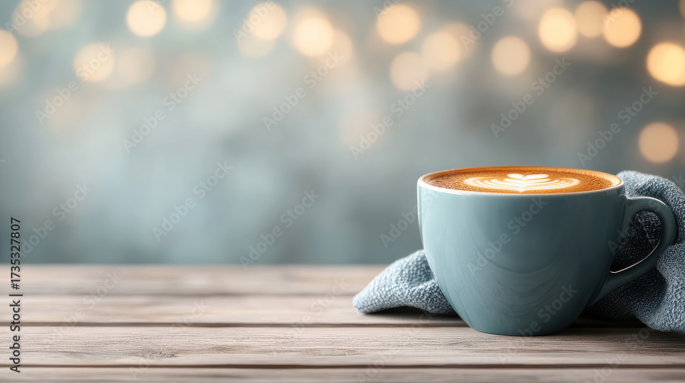 Obraz premium Cozy cup of latte with heart shaped foam art on wooden table and soft fabric, warm bokeh lights creating relaxing atmosphere