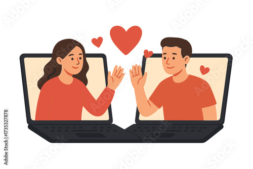 Virtual online dating couple video call connection, romantic quarantine love concept with hearts, digital communication, long distance relationship, Valentine's Day illustration