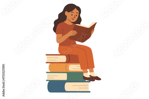 Young woman sitting on stack of colorful books reading an interesting book, flat vector illustration for education, learning, library, study, and exam preparation concepts