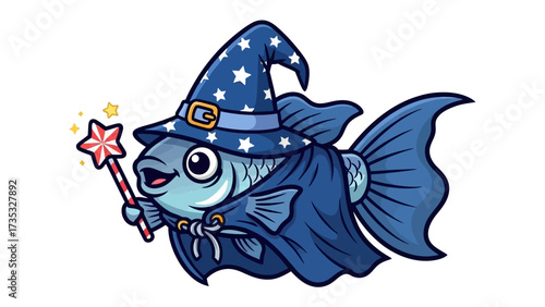 Mystical Fish Wizard: A whimsical illustration showcases a charming fish dressed as a wizard, complete with a pointed hat, cape, and a magic wand, ready to cast a spell.