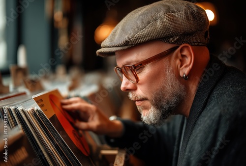 Music enthusiast browsing vinyl records in a cozy store during a rainy afternoon