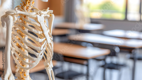 Educational skeleton model displayed in an anatomy classroom with empty desks and bright sunlight