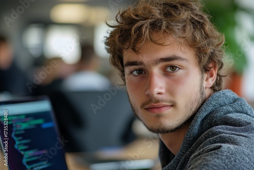 Portrait of a young male programmer sitting in the office at the table, working on a laptop, seriously and intently looking at the camera, reflecting focus and dedication to his work, Generative AI