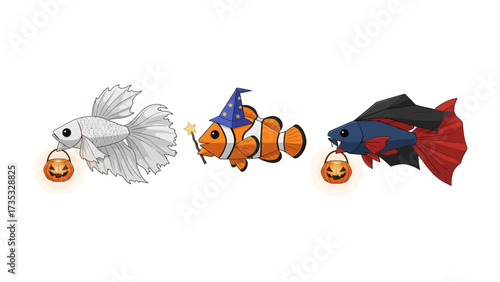 Halloween-Themed Fish: Three vibrant and festive fish, each adorned in unique Halloween costumes, swimming through the serene water with cheerful jack-o'-lanterns.