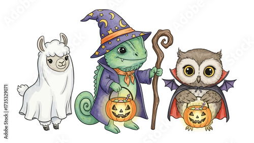 Whimsical Halloween Creatures: A trio of enchanting creatures, including an adorable llama in a ghost costume, a magical chameleon sorcerer with a pumpkin bucket.