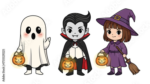 Halloween Crew: A charming collection of Halloween characters including a friendly ghost, a suave vampire, and a cute witch, all ready for a night of trick-or-treating with their lit jack-o'-lanterns.