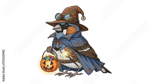Steampunk Bird with Halloween Costume: A whimsical illustration of a bird dressed in a steampunk-themed Halloween costume, carrying a jack-o'-lantern treat bucket.