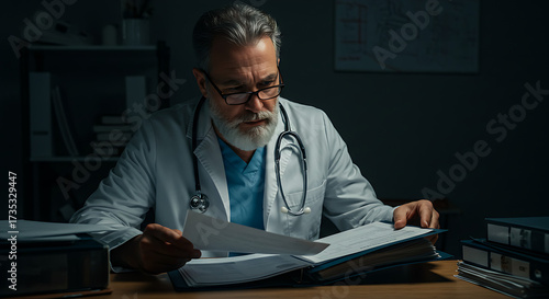 medical personnel focused senior doctor reviewing records at night