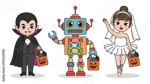 Spooky Costume Trio: A vibrant illustration of three costumed characters: a vampire, a robot, and a ballerina, each gleefully clutching a jack-o'-lantern bucket brimming with treats.