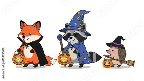 Spooky Critters' Halloween Fun: A whimsical illustration features a fox, raccoon, and hedgehog dressed up in Halloween costumes, each with a pumpkin treat bucket. Perfect for playful designs. 