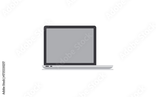 A minimalist flat design illustration of a modern laptop computer with a grey screen on a white background, representing digital work and technology.