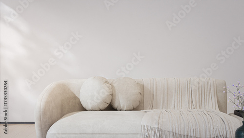 3d rendering of minimalist living room with modern sofa and neutral white beige backdrop. Soft blurred foliage leaf shadow on clean bright wall in cozy interior space for relaxation.