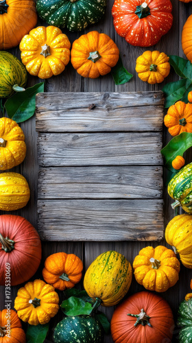 Thanksgiving wooden sign with pumpkins and gourds on rustic background creates festive autumn atmosphere with vibrant seasonal colors