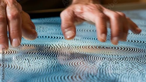 Close-Up of Hands Interacting with Fluid Patterns on Reflective Surface