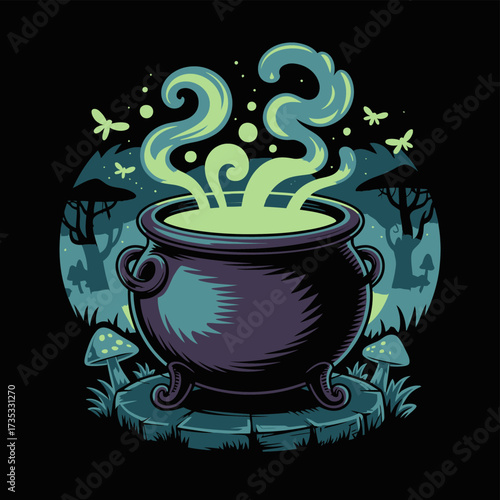 Whimsical halloween scene featuring a bubbling cauldron emitting green smoke with mystical forest elements and glowing mushrooms
