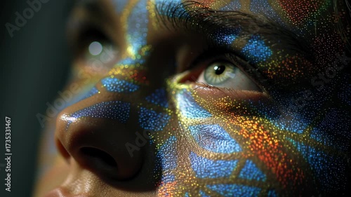 Close-up of Child's Face with Colorful Body Art and Sparkling Design