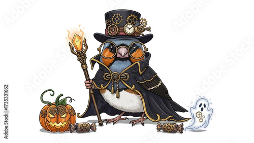 Steampunk Halloween Avian: An imaginatively rendered illustration presents a dapper avian figure, decked out in steampunk attire and holding a magical staff.