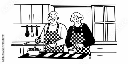 Illustration of a couple in checkered aprons cooking together in a kitchen with cabinets and utensils
