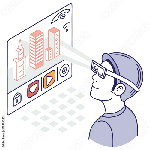 Man wearing augmented reality glasses interacting with virtual city interface
