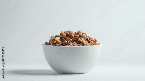 Bowl of mixed nuts and dried fruit on white background