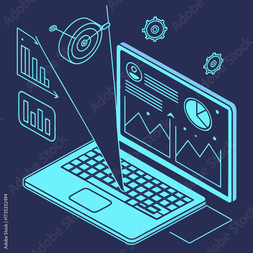 Isometric illustration of data analysis on a laptop with target and gears