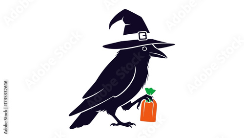 Mystical Raven with Halloween Treat: A dark raven, clad in a witch hat, holds a delightful pumpkin bag, symbolizing the enchantment and revelry of the spooky season. 
