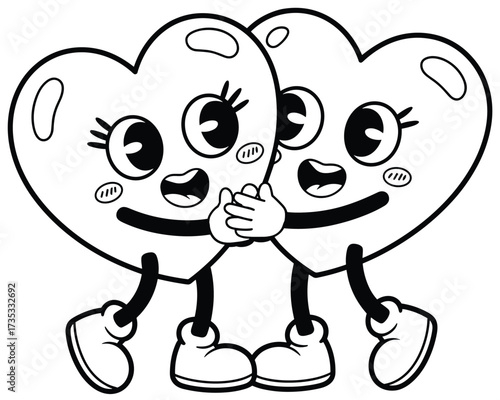 Two cartoon hearts holding hands isolated on white background
