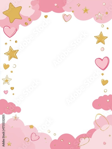 Bright and whimsical cartoon frame border with stars, hearts, and clouds for creative projects or invitations