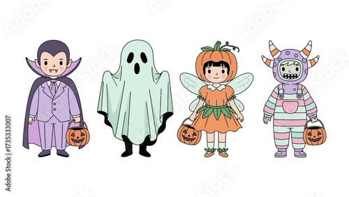 Halloween Costume Parade: A whimsical parade of four enchanting figures dressed in charming, unique costumes for the most delightful and spooky Halloween celebration.