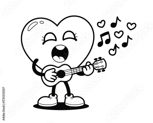 Singing heart character playing ukulele isolated on white background
