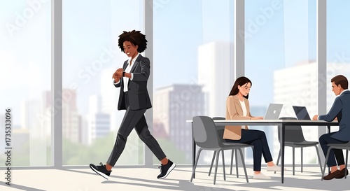 Efficiency in Action: A modern office space, where the hustle of business meets the pursuit of productivity. A focused individual strides purposefully past colleagues engrossed in their work. 