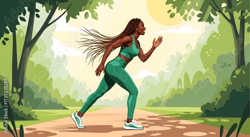 Embracing the Run: A woman sprint down pathway. A vibrant illustration of a woman in athletic wear sprinting along a path through a sun-drenched park. It's a visual metaphor for fitness, wellness.