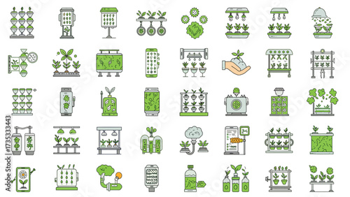 A collection of colorful line icons illustrating modern agricultural technologies like vertical farming, hydroponics, and smart farming systems.