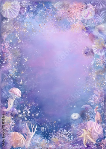 Soft and dreamy pastel watercolor with delicate aquatic elements around a blank canvas in serene hues