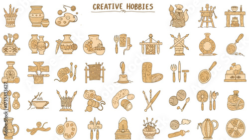 A large collection of hand-drawn doodle icons representing various creative hobbies like pottery, painting, knitting, and cooking.
