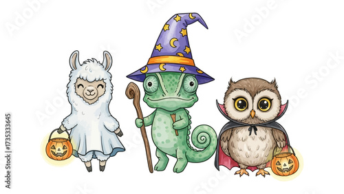 Spooky Trio: a cute llama, chameleon, and owl, dressed in whimsical costumes, radiating the essence of a heartwarming Halloween adventure.