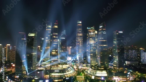 Futuristic city skyline with night lights and laser beams seemless looping animation 4k quality video

