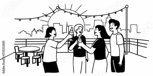 Group of friends toasting drinks on a rooftop with city skyline and string lights in black and white style