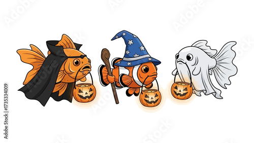 Spooky Fish Treats: Captivating illustration of goldfish, each uniquely costumed for Halloween, holding jack-o'-lantern treat buckets, ready for an evening of fun. 
