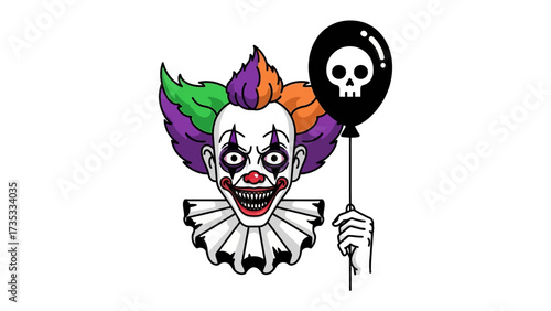 Creepy Clown and Skull Balloon: A spooky cartoon depiction of a clown with unsettling makeup and a malevolent grin, clutching a black balloon adorned with a skull.