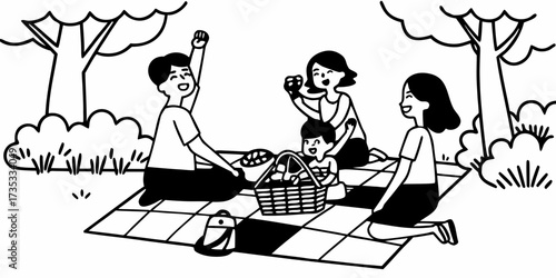 Family enjoying a picnic in the park with a basket blanket trees and cheerful expressions in black and white